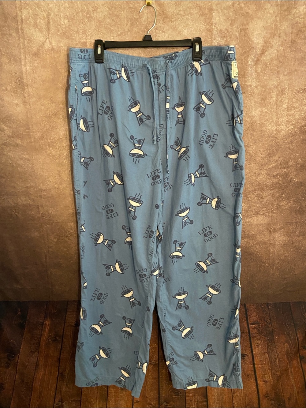 Life is Good BBQ Grill Pajama Bottoms Mens XL Blue Lounge PJ Elastic Pants-EUC